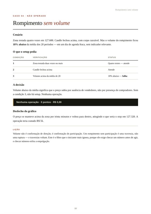 Página do caderno de casos: rompimento sem volume, caso não operado