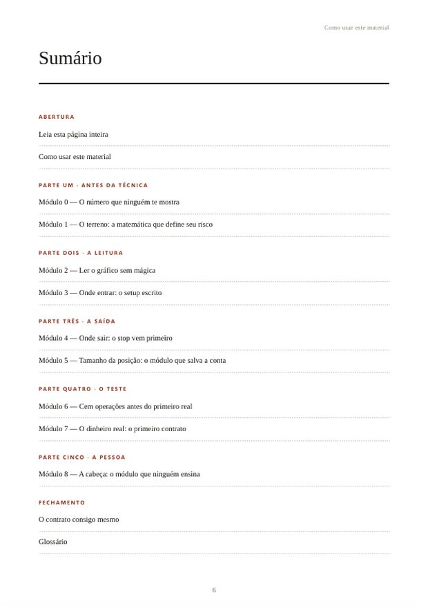 Página do sumário do curso, com os nove módulos